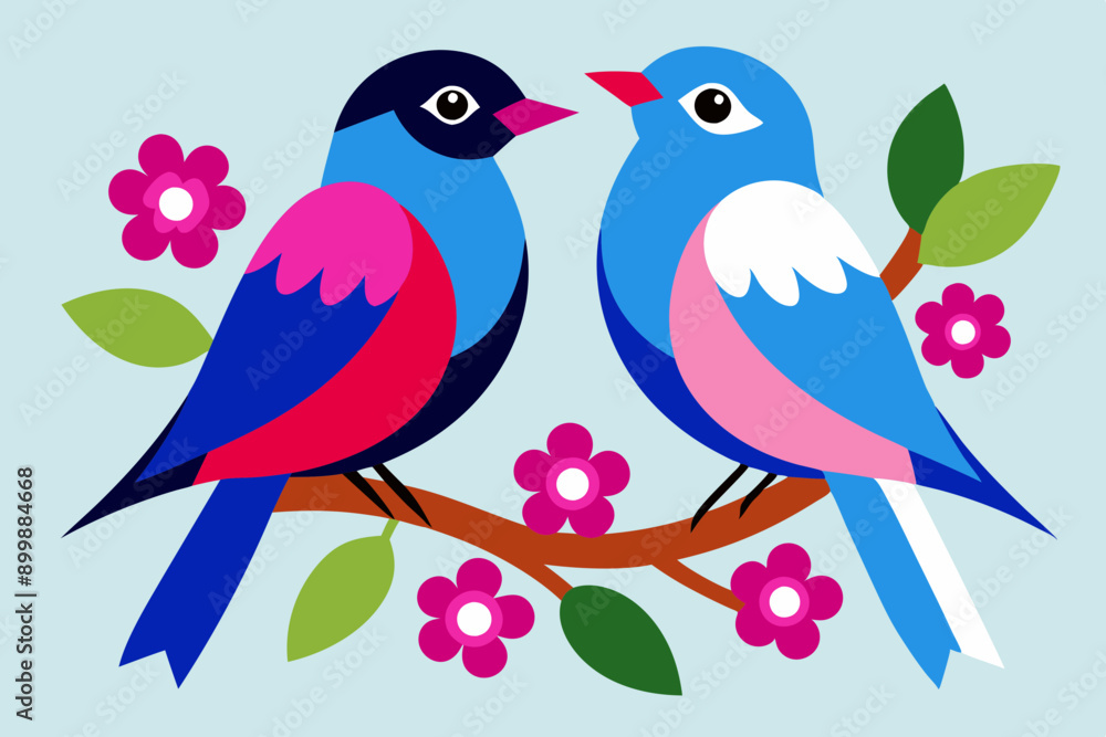 Fototapeta premium Two colorful birds sitting on a branch with pink flower vector illustration