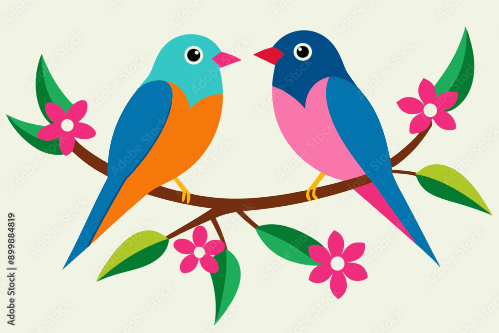 Two colorful birds sitting on a branch with pink flower vector illustration Two colorful birds sitting on a branch with pink flower vector illustration