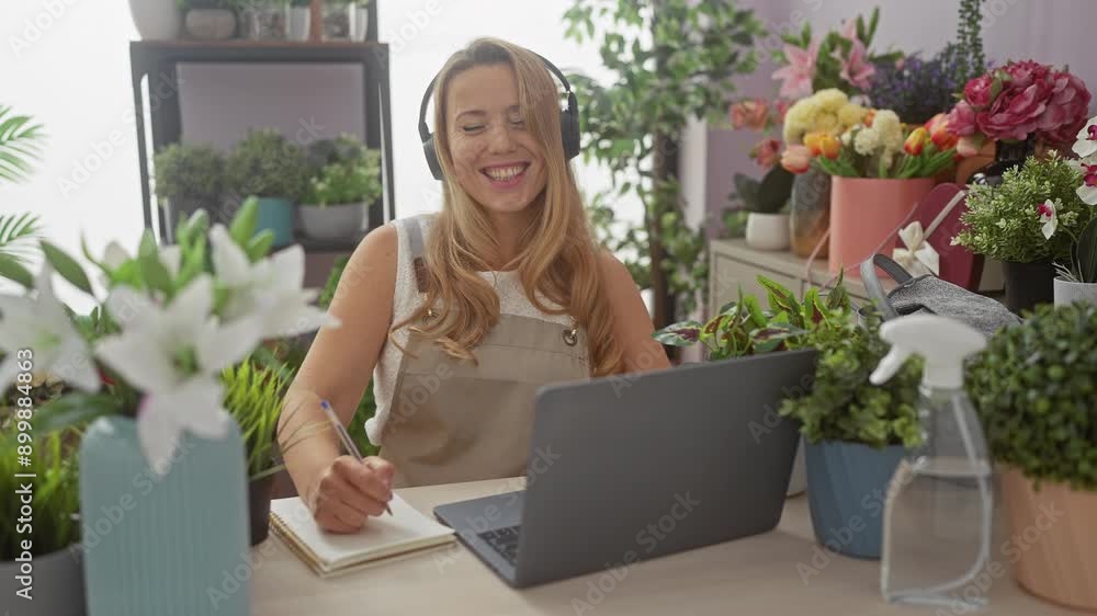 A smiling woman writes notes beside her laptop in a vibrant flower shop full of plants and blooms. A smiling woman writes notes beside her laptop in a vibrant flower shop full of plants and blooms.