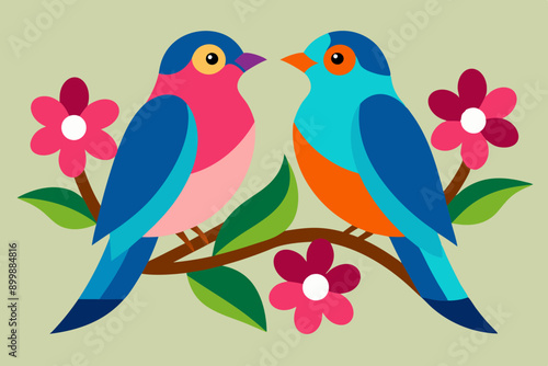 Two colorful birds sitting on a branch with pink flower vector illustration