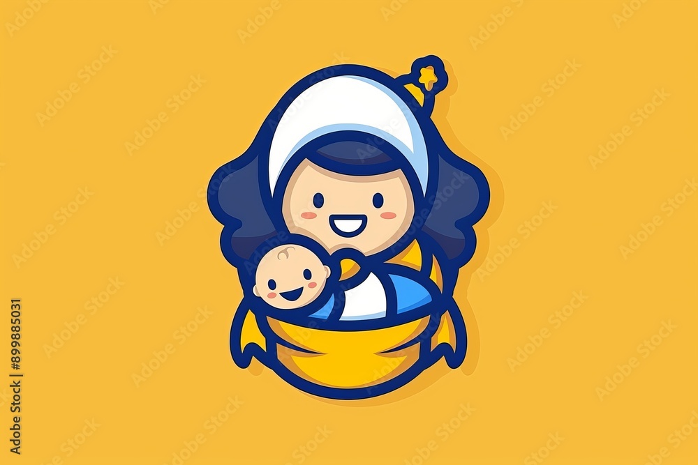 Naklejka premium Artistic Mother and Child with Heart Symbol in Blue and Yellow Colors