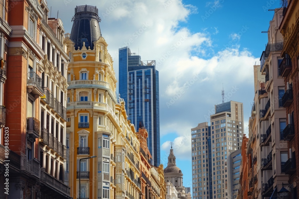 Fototapeta premium A bustling city street lined with towering buildings creates an impressive urban skyline, Old and new skyscrapers blending harmoniously in a historic city, AI Generated