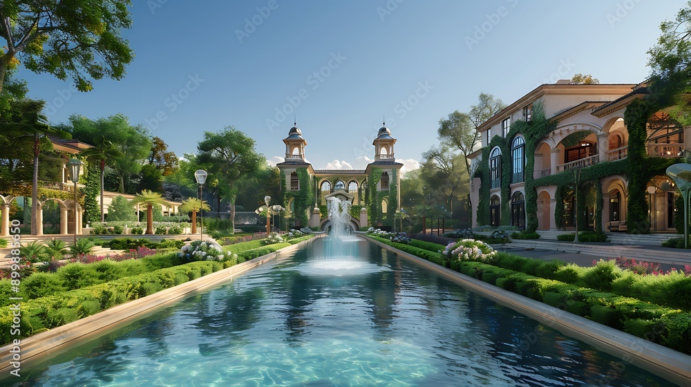 A Tranquil Pathway with a Fountain Leading to Two Grand Buildings A Tranquil Pathway with a Fountain Leading to Two Grand Buildings