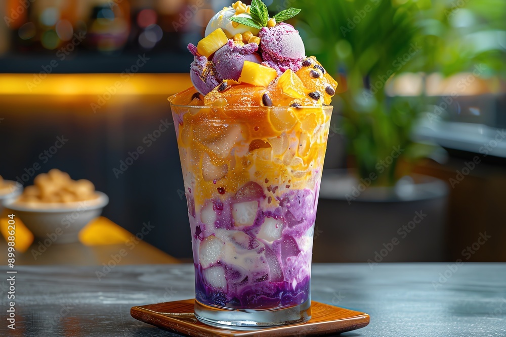 Delicious layered fruit dessert with ice cream and tropical flavors served in a clear glass on a wooden coaster. Delicious layered fruit dessert with ice cream and tropical flavors served in a clear glass on a wooden coaster.