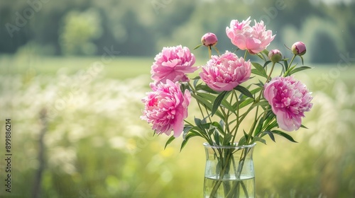 Fototapeta Naklejka Na Ścianę i Meble -  Pink tree peonies in a glass vase with rural background