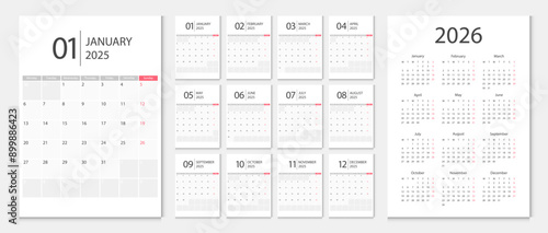 Calendar 2025, calendar 2026 week start Sunday corporate design template vector. Desk calendar 2025.