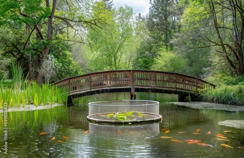 small pond in front, with wooden bridges over it and green trees on both sides