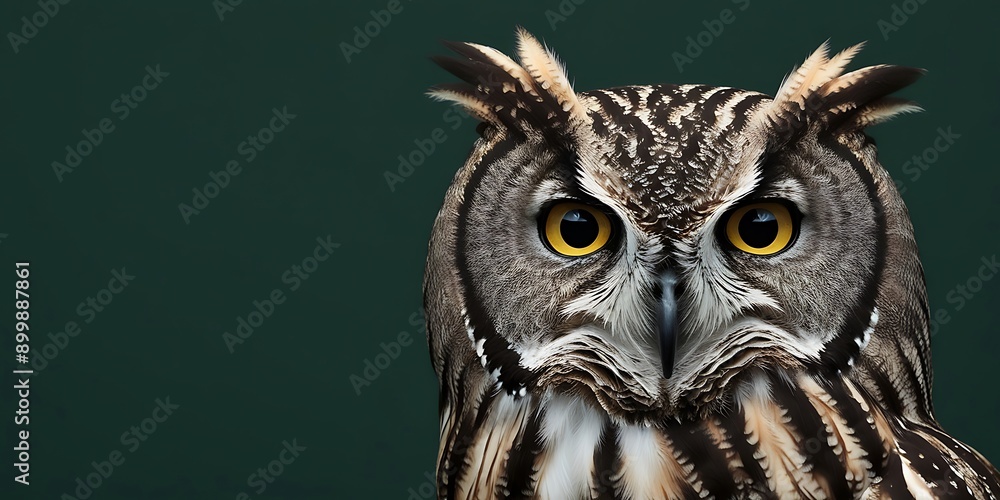 Wise Owl's Eyes on the Left with a Solid Dark Green Background Ideal for Capturing Keen Vision and Wildlife Details Wise Owl's Eyes on the Left with a Solid Dark Green Background Ideal for Capturing Keen Vision and Wildlife Details