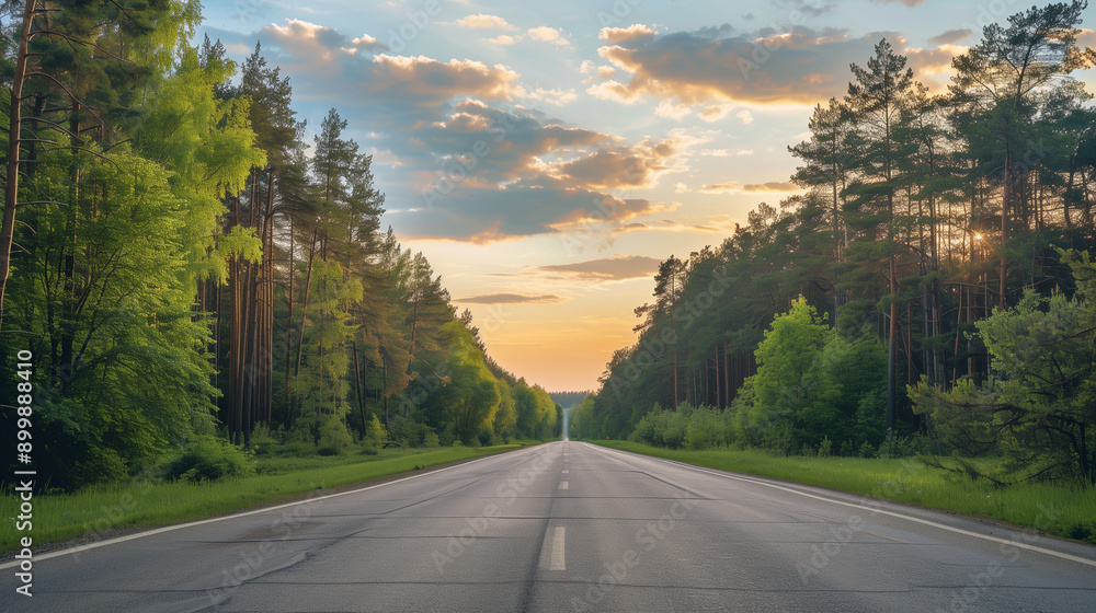 Obraz premium The main asphalt road that stretches towards the horizon, surrounded by green forest, in the glow of the setting sun.