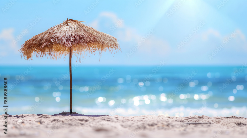 A coconut straw umbrella set on the beach where the sand meets the ocean, with a blurry blue sky in the background. The exotic view of a tropical island creates the perfect setting for a summer vacati A coconut straw umbrella set on the beach where the sand meets the ocean, with a blurry blue sky in the background. The exotic view of a tropical island creates the perfect setting for a summer vacati