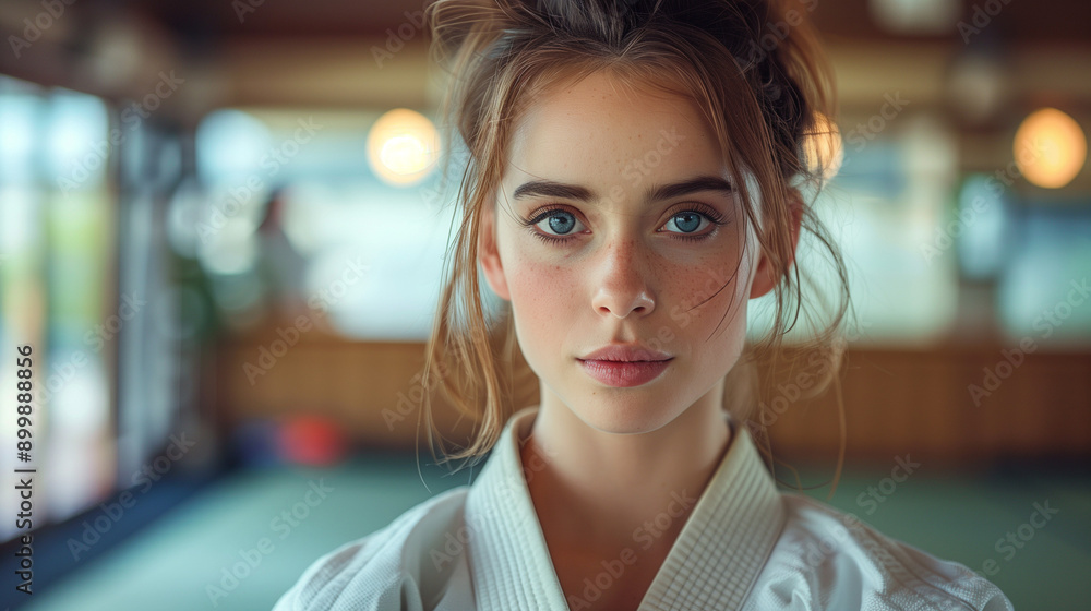 female martial artist practicing judo in a traditional dojo setting, focused expression, wearing a white martial arts uniform, professional training female martial artist practicing judo in a traditional dojo setting, focused expression, wearing a white martial arts uniform, professional training