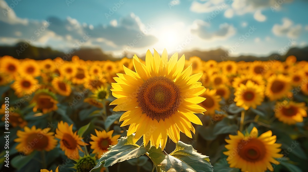Fototapeta premium A dynamic shot of a sunflower field swaying in the wind under a clear blue sky, capturing the movement and energy of the vibrant yellow flowers.