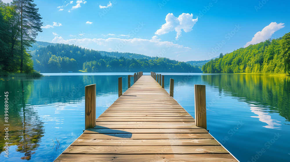 Wooden jetty over a blue lake, surrounded by summer trees and blue sky. The clear water reflects the sun and the surrounding forest, creating a beautiful and peaceful view.
Wooden jetty over a blue lake, surrounded by summer trees and blue sky. The clear water reflects the sun and the surrounding forest, creating a beautiful and peaceful view.
