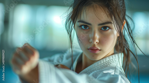 female martial artist practicing judo in a traditional dojo setting, intense expression, executing a punch, professional training photo