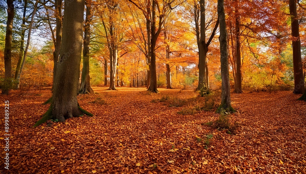 Un bosque lleno de hojas de colores cálidos, con árboles y suelo cubierto de hojas Un bosque lleno de hojas de colores cálidos, con árboles y suelo cubierto de hojas