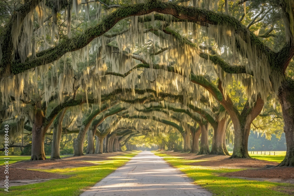 Obraz premium A straight road flanked by tall trees draped in Spanish moss, Ornate tree alley with Spanish moss in a southern park, AI Generated