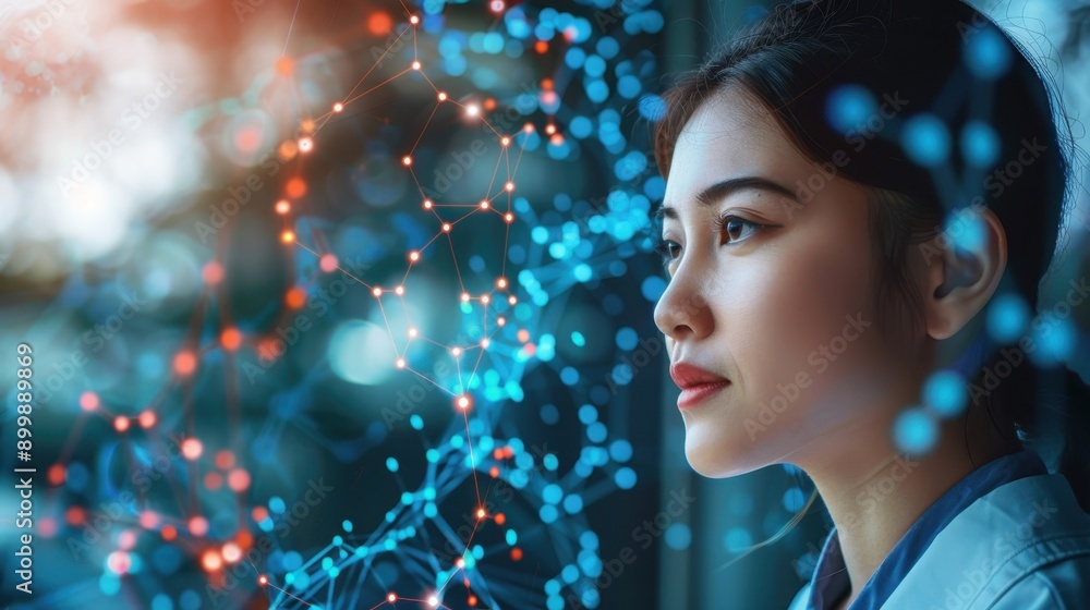 Futuristic Scientist Presenting Biotech Innovations at Tech Conference with Copy Space on Ethereal Manipulation Background Futuristic Scientist Presenting Biotech Innovations at Tech Conference with Copy Space on Ethereal Manipulation Background