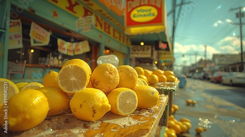 A lively scene of a lemonade stand in a bustling neighborhood, with kids serving lemonade, colorful signs, and a bright sunny day.