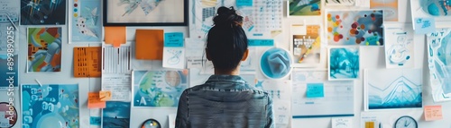 A person gazes at an inspiration board filled with photos, notes, and artwork, embodying creativity and motivation in a workspace setting. photo