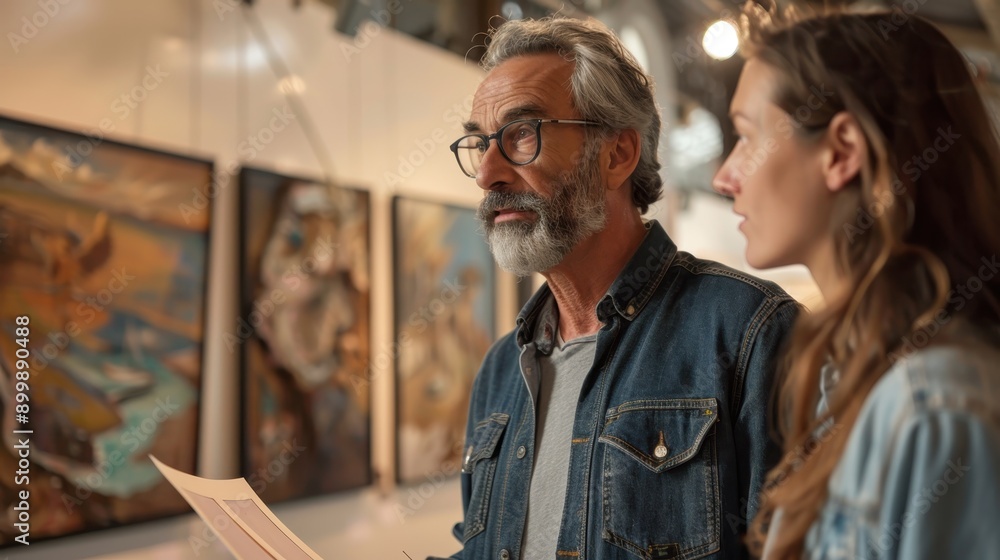 Surreal Fusion: Artist Revealing New Art Piece to Gallery Visitors in Profile View Surreal Fusion: Artist Revealing New Art Piece to Gallery Visitors in Profile View
