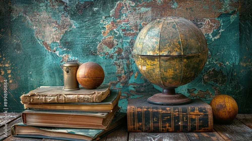 Antique Globe and Books on Rustic Wooden Table With Vintage World Map Background. Generative AI Antique Globe and Books on Rustic Wooden Table With Vintage World Map Background. Generative AI