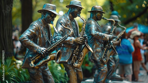 New Orleans, United States: Febraury 27, 2020: Statue of Jazz Band Marches Along Louis Armstrong park