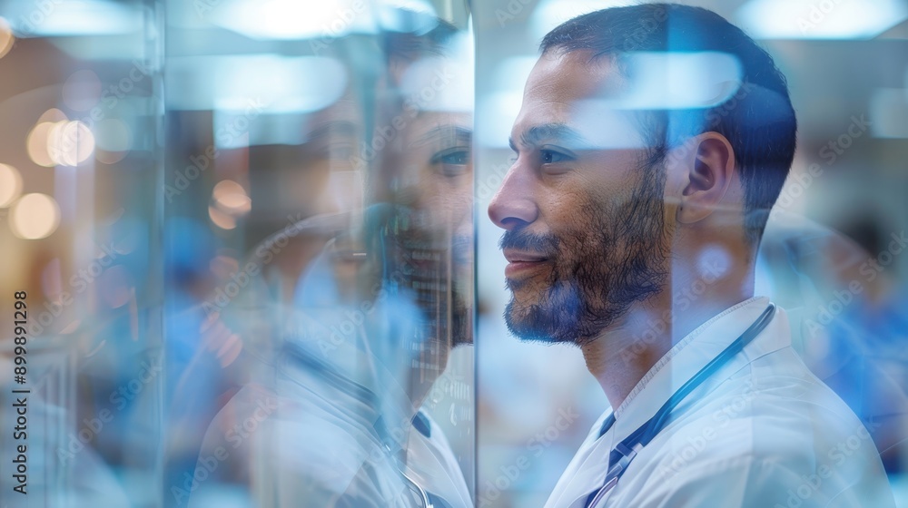Future of Medicine Unveiled: Doctor Presenting Innovative Treatment Plans in Ethereal Double Exposure Setting with Hospital Conference Room Backdrop Future of Medicine Unveiled: Doctor Presenting Innovative Treatment Plans in Ethereal Double Exposure Setting with Hospital Conference Room Backdrop