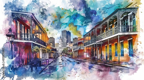 The French Quarter, Historic District, is the oldest section of the City of New Orleans. Watercolor splash with Hand drawn sketch illustration in vector.
