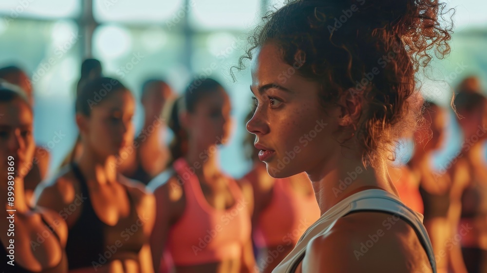 Silhouette of Dynamic Fitness Instructor Leading Group Workout with Gym Backdrop Silhouette of Dynamic Fitness Instructor Leading Group Workout with Gym Backdrop