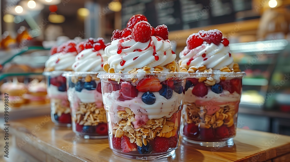 A picturesque view of gourmet ice cream sundaes with layers of toppings, captured in a stylish and modern ice cream parlor. A picturesque view of gourmet ice cream sundaes with layers of toppings, captured in a stylish and modern ice cream parlor.