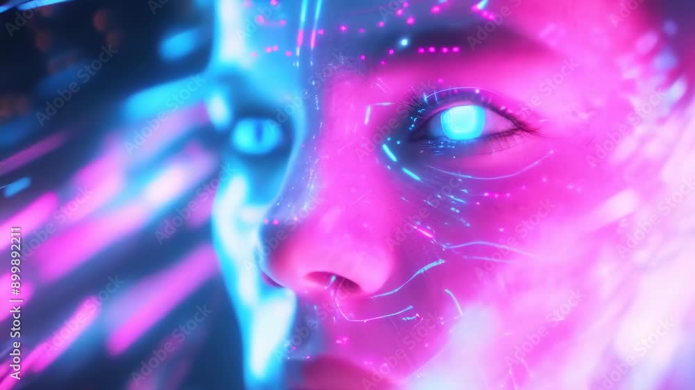 A futuristic young woman with blue eyes illuminated by neon lights and digital effects. The glowing lights create a cyberpunk atmosphere, highlighting her focused expression. Ethnicity appears A futuristic young woman with blue eyes illuminated by neon lights and digital effects. The glowing lights create a cyberpunk atmosphere, highlighting her focused expression. Ethnicity appears