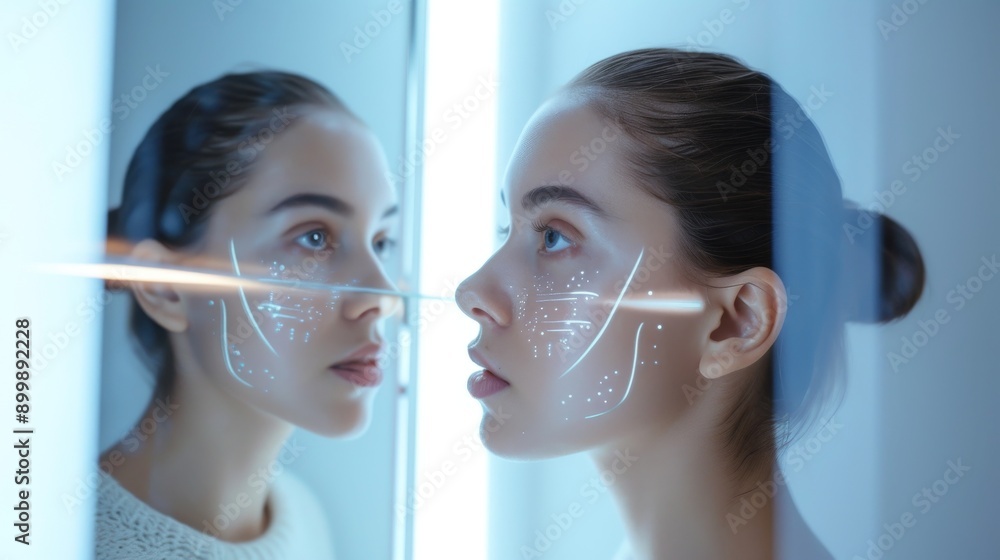 Profile of a woman with digital projections on her face, examining her ...