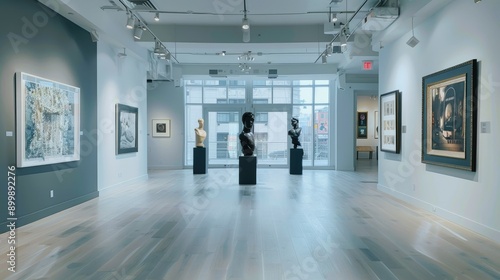 Indoor photo of inside a fancy new york art gallery in the morning empty floor