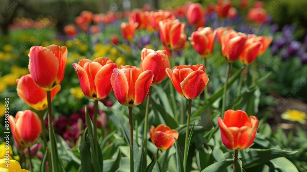 Red tulips with fully bloomed yellow white and purple centers Red tulips with fully bloomed yellow white and purple centers