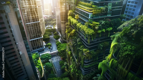 Create a lifelike photo capturing the implementation of green engineering innovations in urban landscapes, driven by generative AI to create smarter and greener cities. #899892679