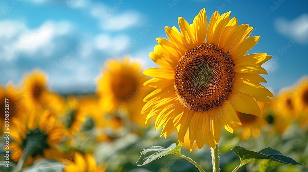 Fototapeta premium A stunning close-up of a sunflower in full bloom, with the rest of the sunflower field and a clear blue sky in the background, highlighting the intricate details of the petals and center.