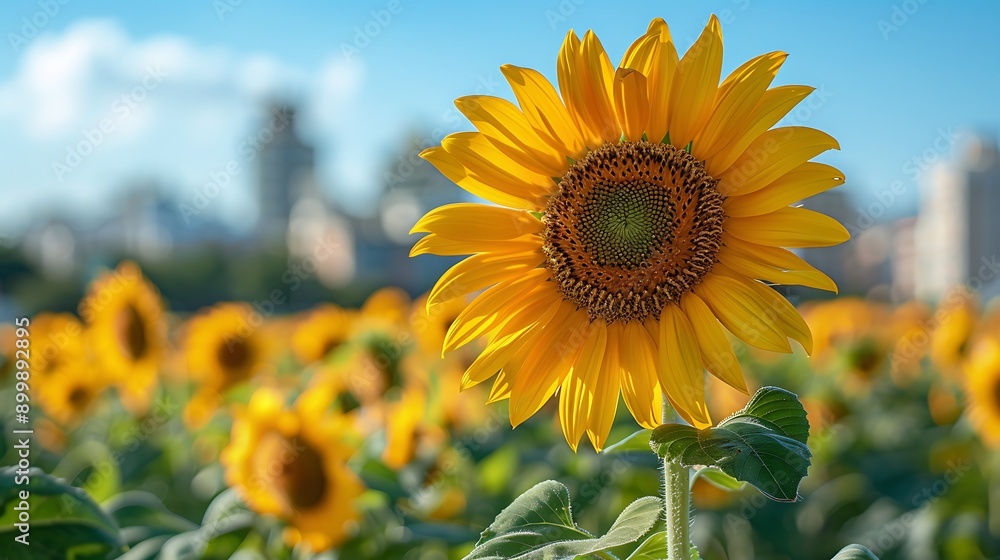 Fototapeta premium A stunning close-up of a sunflower in full bloom, with the rest of the sunflower field and a clear blue sky in the background, highlighting the intricate details of the petals and center.