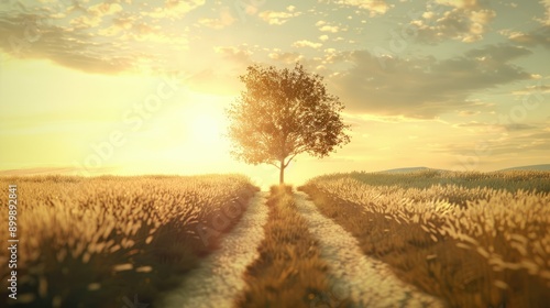 Outdoor photo of a land with grass tree and a road going up with shining sun AI generated photo