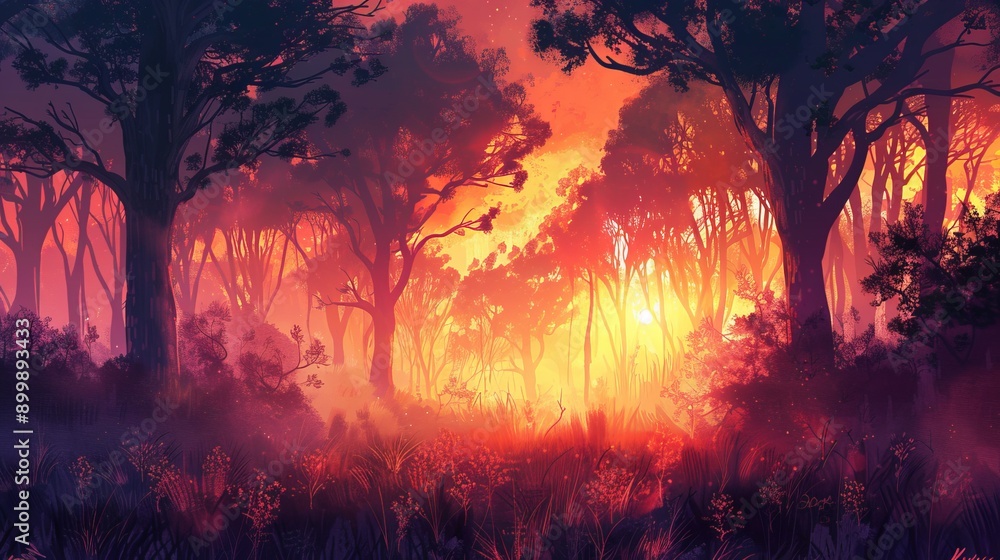 Fantasy cartoon illustration with giant tree with city inside. surrounded by colorful lights and clouds. Fantastic beautiful background with forest, lake, rocks and space. Fantasy cartoon illustration with giant tree with city inside. surrounded by colorful lights and clouds. Fantastic beautiful background with forest, lake, rocks and space.