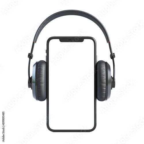 Smartphone with blank screen with headphones isolated on white background