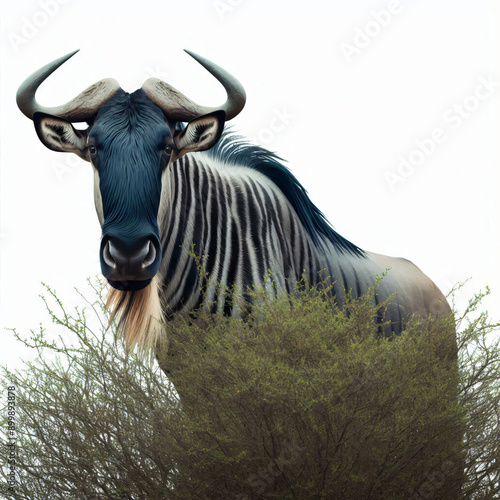 Wildebeest peeking behind bush