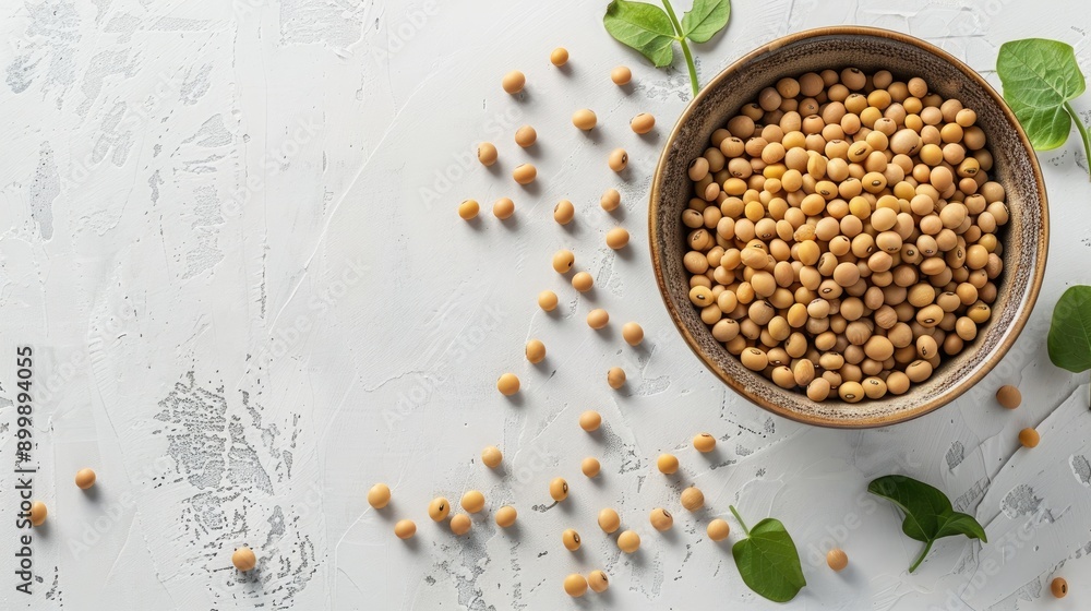 White table background with soybean in a bowl showing health concept White table background with soybean in a bowl showing health concept