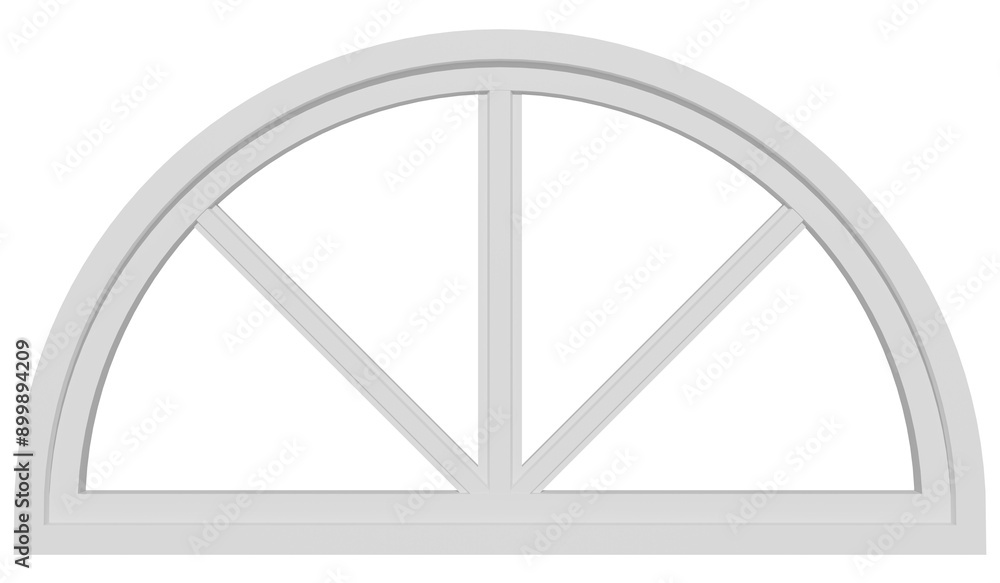 A white window semi circle frame with four panes. 3d rendering. A white window semi circle frame with four panes. 3d rendering.