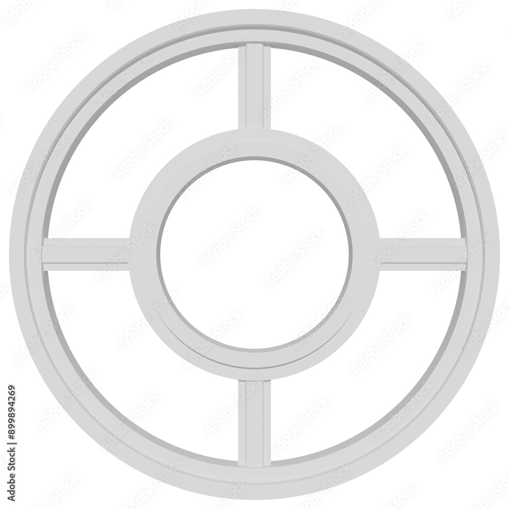 A white circle window frame with four panes and a circle in the middle. 3d rendering. A white circle window frame with four panes and a circle in the middle. 3d rendering.