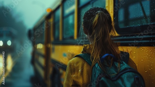 Student Waiting for School Bus in Rainy Weather at Dusk. Generative AI