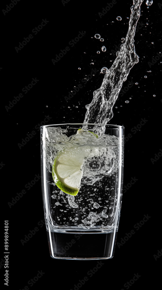 splashing water into glass with lime on black background splashing water into glass with lime on black background