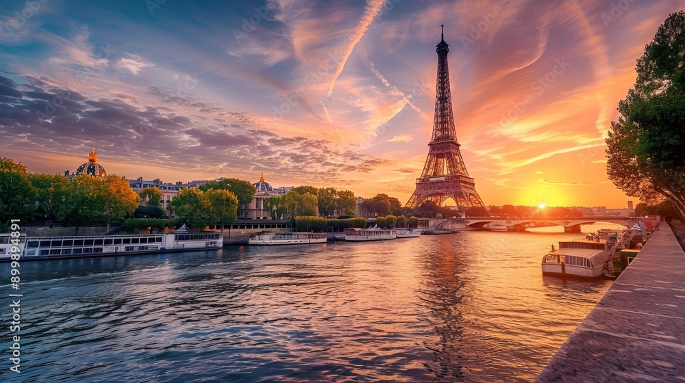 Obraz premium Scenic view of Eiffel Tower over Seine River during dramatic sunset, Paris, France