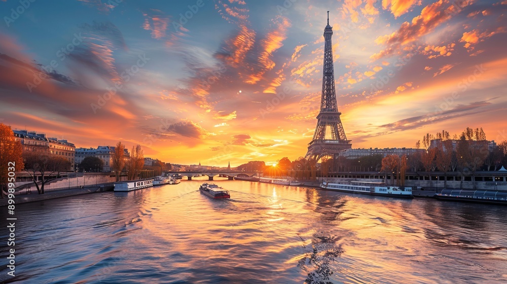 Obraz premium Scenic view of Eiffel Tower over Seine River during dramatic sunset, Paris, France