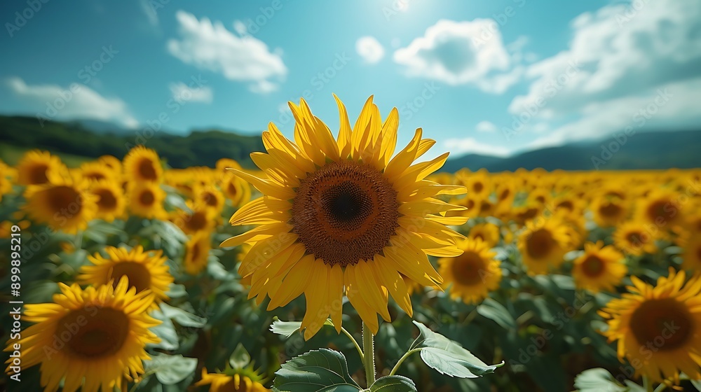 Obraz premium An expansive sunflower field in full bloom, with a clear blue sky overhead and the golden sunflowers swaying gently in the breeze.