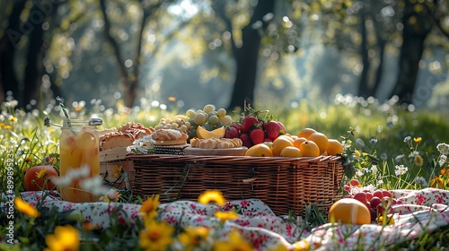 Fototapeta Naklejka Na Ścianę i Meble -  An idyllic summer picnic setup with a floral blanket, a wicker basket filled with assorted fruits, pastries, and refreshing lemonade, in a sunlit park with green grass and blooming flowers.